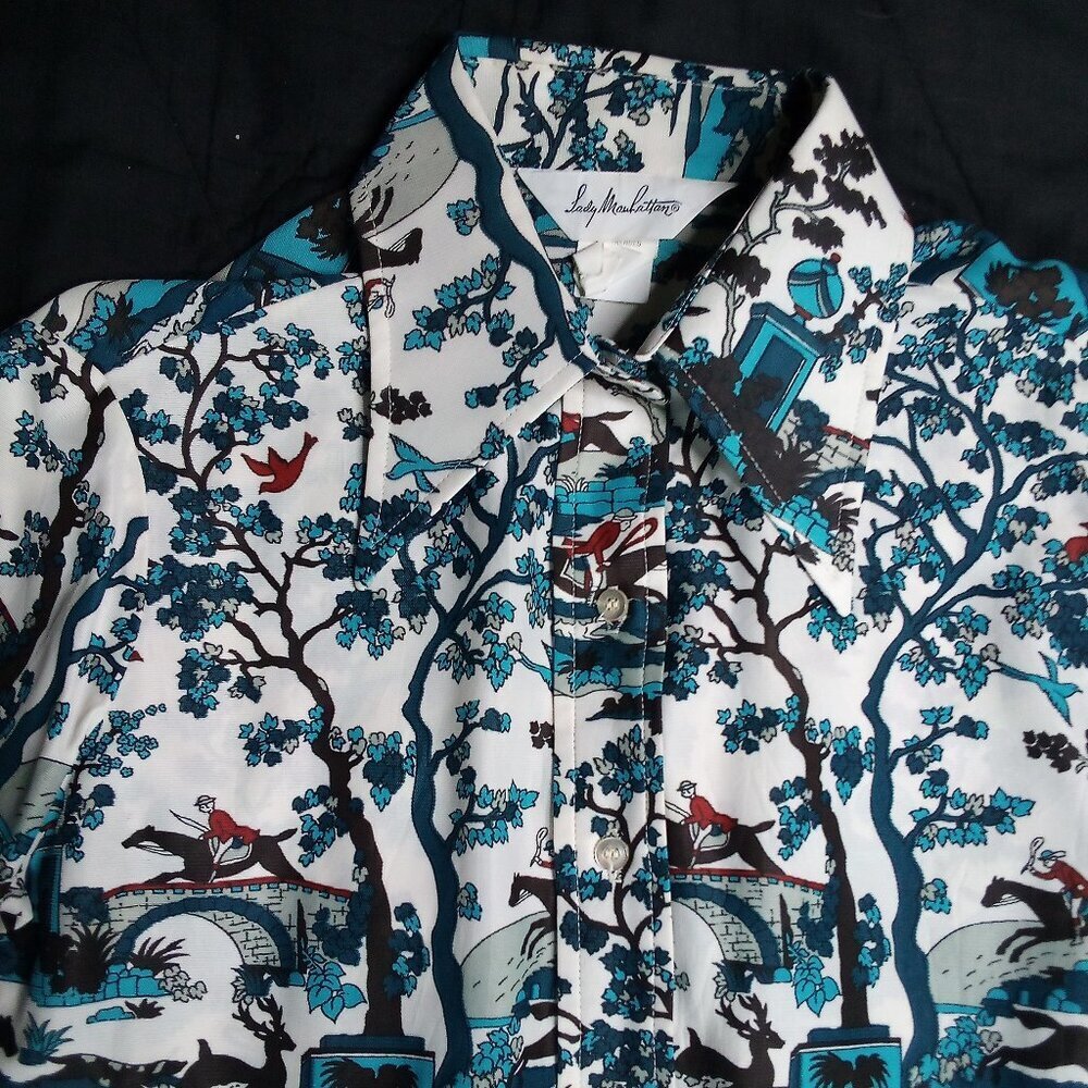 Vintage MCM 70s Lady Manhattan Hunting Deer Horse Polyester Disco Shirt